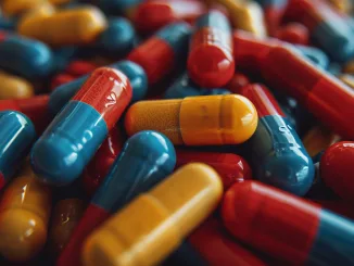 pills, Colorful pills background. Close-up of various colorful capsules. Antibiotics