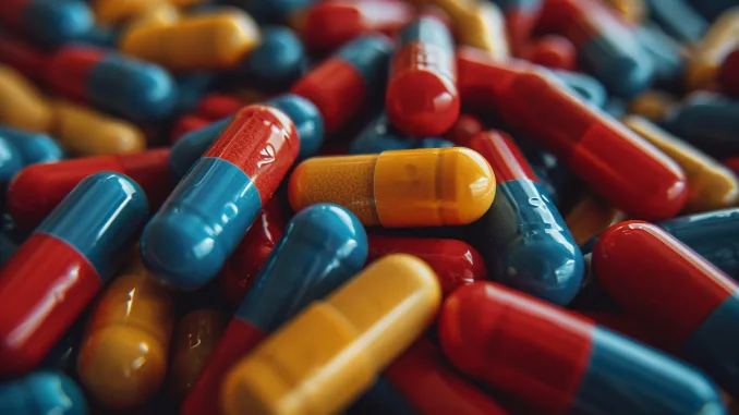 pills, Colorful pills background. Close-up of various colorful capsules. Antibiotics