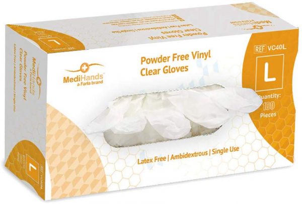 MediHands Clear Vinyl Powder Free Gloves | Food Safe | Disposable | Latex Free | Large - Pack of 100