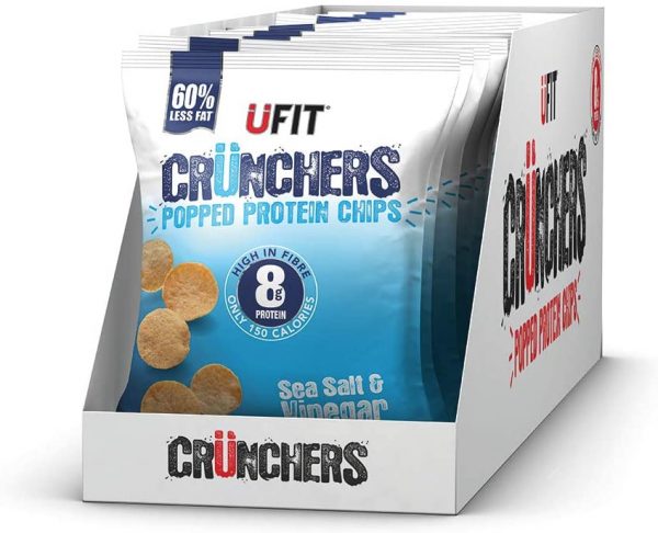 UFIT Crunchers Popped Chips, High Protein Healthy Crisps - Sea Salt & Vinegar Flavour (Box of 11 x 35g)