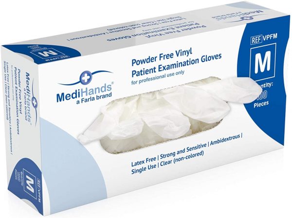 MediHands Clear Vinyl Powder Free Patient Examination Gloves | Disposable | Latex Free | Medium - Pack of 100
