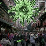 Coronavirus hovering above a crowded street