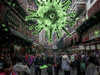 Coronavirus hovering above a crowded street