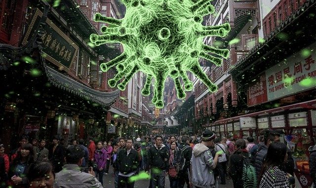 Coronavirus hovering above a crowded street
