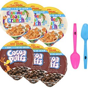 General Mills 25% Less Sugar Cereal Bowl Variety Pack, Cinnamon Toast Crunch and Cocoa Puffs, 3 of each 2 oz Cup (Pack of 6) with 2 By The Cup Mood Spoons