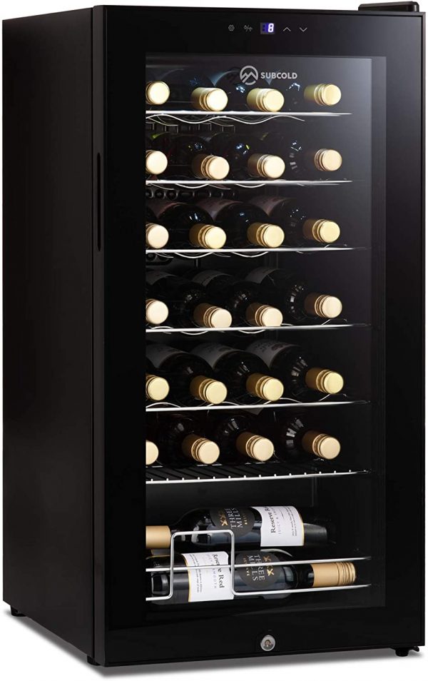Subcold Viva LED – Under-Counter Wine Fridge Black | 3-18°C | Wine Cooler | LED + Lock & Key | Glass Door Drinks Cellar | Single-Zone (28 Bottle)