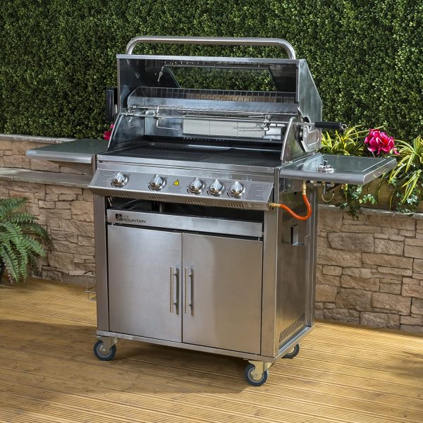 Fire Mountain Premier Stainless Steel 4 Burner Gas Barbecue | Viewing Window and Powerful Side Burner