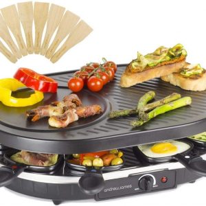 Andrew James 8 Person Traditional Raclette Grill with 8 Pans and Spatulas, Adjustable 1200W Thermostatic Heat Control with Non-Stick Surfaces for Easy...