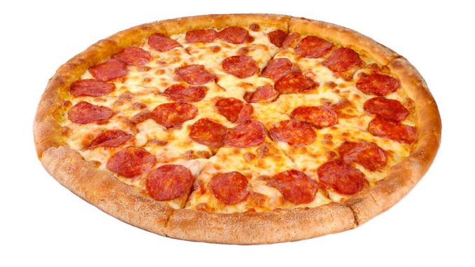 pepperoni slices on a pizza on a white background.