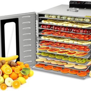 10 Trays Food Dehydrator Machine with Visible Glass Window, All Stainless Steel Fruit Dryer Machine Thermostat 30-90℃, Timer 24 Hours, Dehydrator for Fruit
