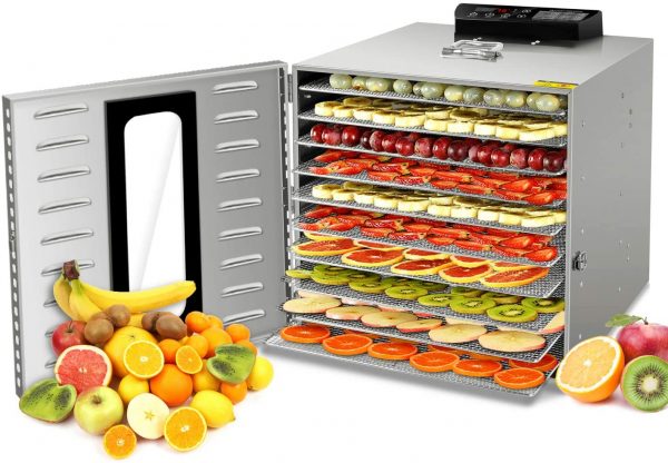 10 Trays Food Dehydrator Machine with Visible Glass Window, All Stainless Steel Fruit Dryer Machine Thermostat 30-90℃, Timer 24 Hours, Dehydrator for Fruit