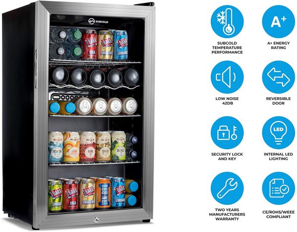 Subcold Super85 LED - Under-Counter Fridge | 85L Beer, Wine & Drinks Fridge | LED Light + Lock and Key | Low Energy A+ (Silver, 85L) [Energy Class A+]