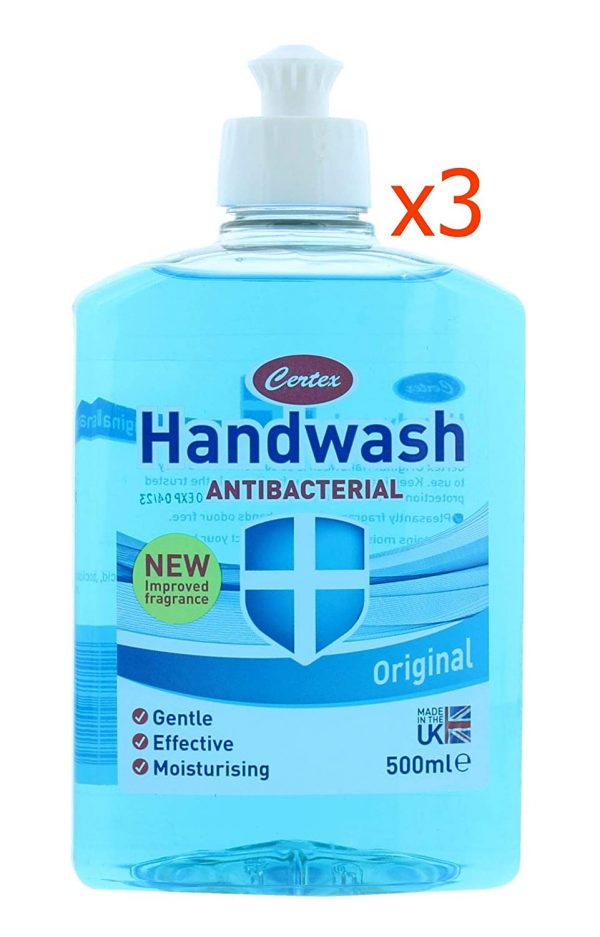 3 PCS CERTEX BLUE ORIGINAL ANTIBACTERIAL HAND WASH 500ML GENTLE PUMP LIQUID SOAP FOR USE IN HOME, OFFICE, RESTAURANTS ETC.