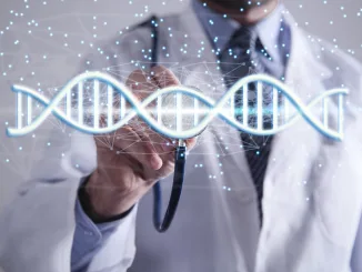 Doctor with spiral DNA molecules. Structure of the genetic code. Medicine concept. Heterologous expression.