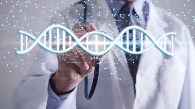 Doctor with spiral DNA molecules. Structure of the genetic code. Medicine concept. Heterologous expression.