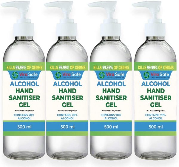 4 x 500ML Vira Safe 500ml (4 Pack) Instant Hand Gel 70% Alcohol 1/2 Hand Sanitising Gel