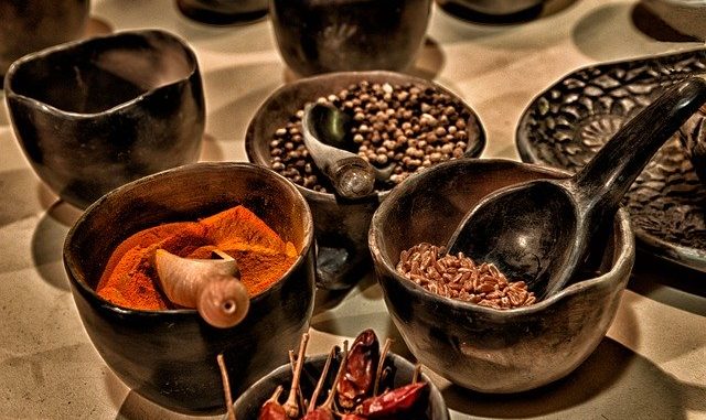 spices in a bowl. products treated using electron beam technology.
