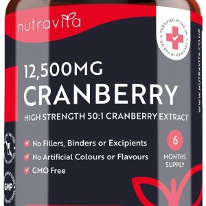 Cranberry Extract 12,500mg – 180 Vegan Capsules - 6 Month Supply – High Strength 50:1 Cranberry Extract Per Serving – Made in The UK by Nutravita