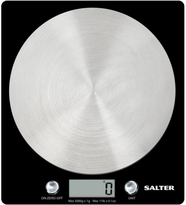 Salter Digital Kitchen Scale, As Seen on TV, Elegant Slim Design for Easy Storage, Electronic Cooking Scale for Home/Kitchen, Weigh Food 5 kg Aquatronic Function, Batteries Included - Black/Chrome