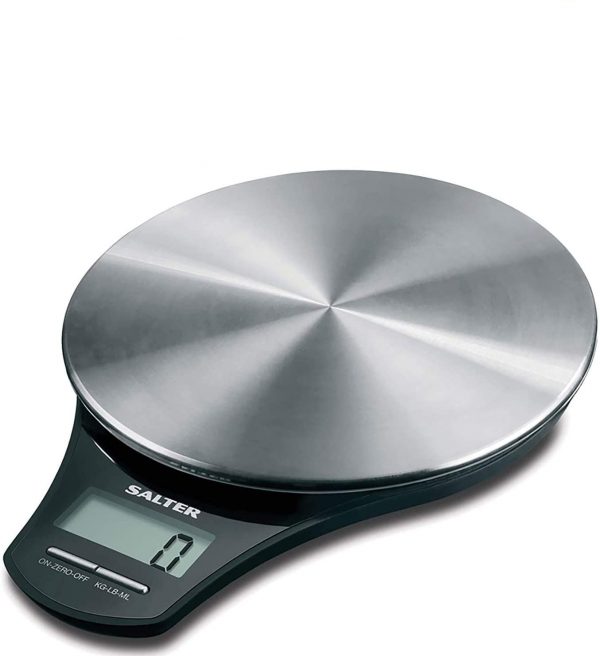 Salter Stainless Steel Digital Kitchen Weighing Scales - Electronic Cooking Scale Appliance for Home, Weigh Food with Accurate Precision up to 5kg, Plus Liquids in ml and fl. Oz. 15 Year Guarantee