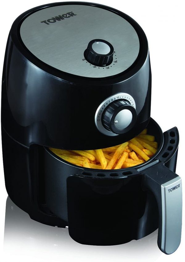 Tower Air Fryer with Rapid Air Circulation System, VORTX Frying Technology, 30 Minute Timer and Adjustable Temperature Control for Healthy Oil Free or Low Fat Cooking, 1000 W, 2.2 Litre, Black