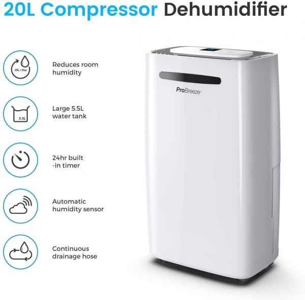 Pro Breeze® 20L/Day Dehumidifier with Digital Humidity Display, Sleep Mode, Continuous Drainage, Laundry Drying and 24 Hour Timer - Ideal for Damp and Condensation