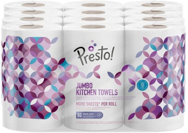 Amazon Brand - Presto! Jumbo Kitchen Rolls, 12 Pack (12 x 80 3-ply-sheets)