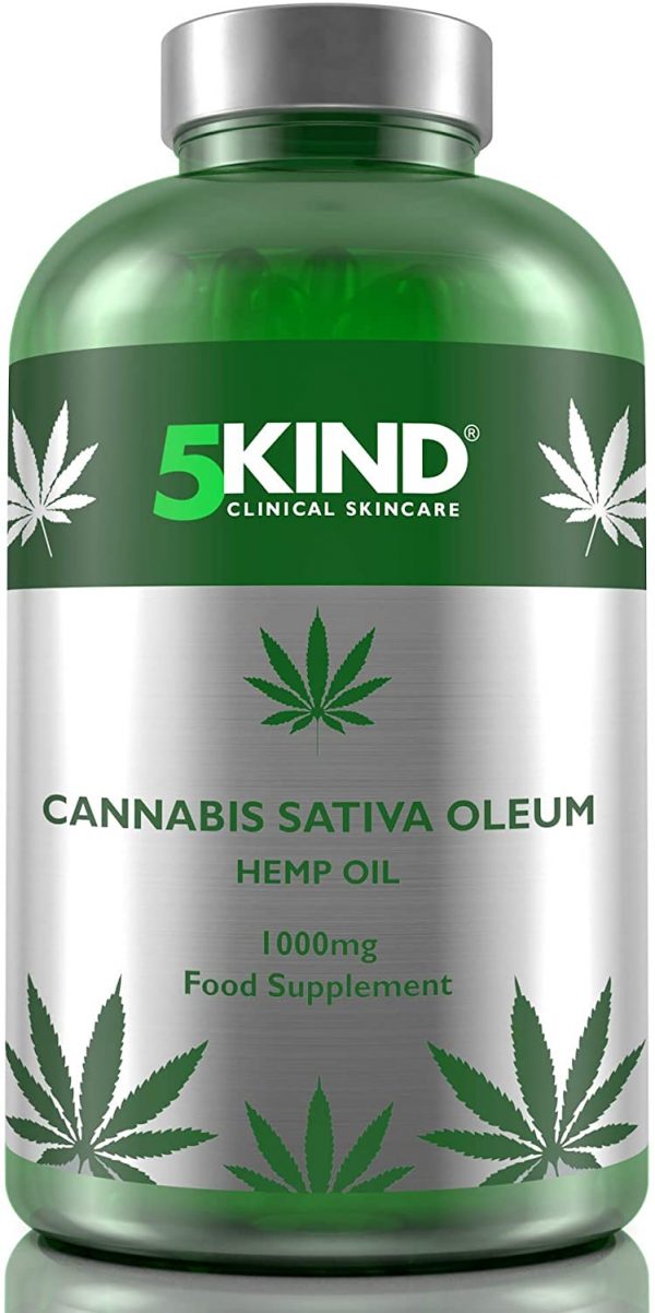 Hemp Oil 1000mg Supplement by 5Kind 180 Soft Gel Capsules of Pure Cold Pressed Hemp Seed Oil - Rich in Omega 3 & 6