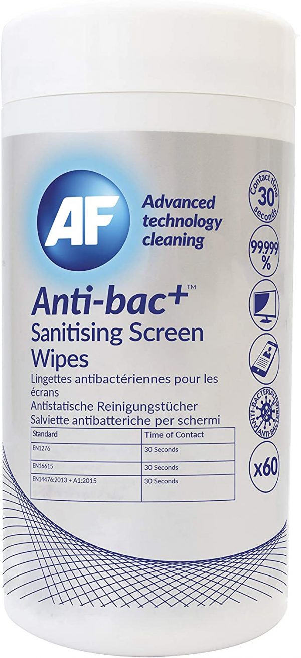AF - Anti-bac+ Sanitising, Antibacterial Screen Cleaning Wipes – 60 wet wipes For Mobile Phones, TV's, Laptops, Monitors, LED, LCD, Plasma & Tablets