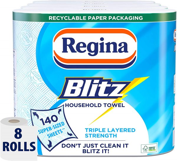 Regina Blitz Household Towel, 8 Rolls, 560 Super-Sized Sheets, Triple Layered Strength