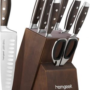 Knife Set, homgeek 8 Pieces Kitchen Knife Block Set with Sharpener,German 1.4116 Stainless Steel Blade,Pakka Wood Handle and Kitchen Scissors,Full-Tang Design