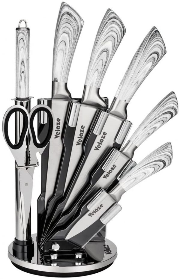 Velaze 8pcs Stainless Steel Kitchen Knife Sets with Sharpener and Spinning Block - Grey Color Coated Hollow Handle