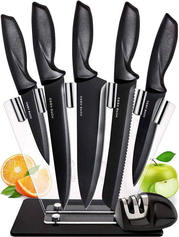 Chef Knife Sets Kitchen Knives Set - 7 Pcs Stainless Steel Kitchen Knife Set with Block - Professional Knife Set with Sharpener - Knife Block Set with...