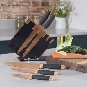 Tower T81532RD Kitchen Knife Set with Acrylic Knife Block, Damascus Effect, Stainless Steel Blades, Rose Gold and Black, 5 Pieces