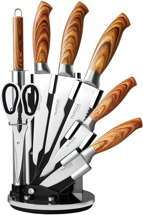 Kitchen Knife Set with Block– Premium 7 Piece Knife Set with Stainless Steel Blades – 360 Degree Rotating Stand – Includes Scissors and...
