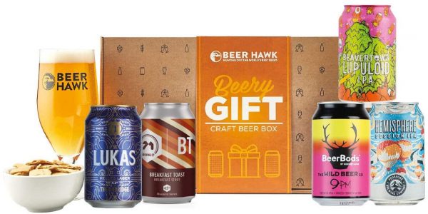 Beery Gift Hamper Selection Box by Beer Hawk, Craft Beer Gift Set with 5 Craft Beer Cans,1 Tasting Glass and 1 Delicious Snack