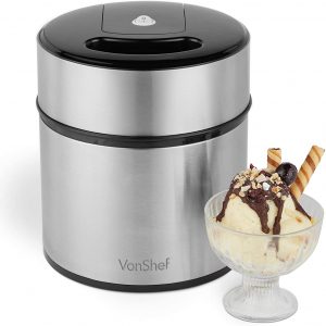 VonShef Ice Cream Maker Machine with Large 2L Removable Inner Bowl and Stainless Steel Finish – Ideal for ice Cream, Sorbet and Frozen Yoghurt