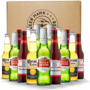Beer Hawk 15 Bottle Premium Lager Party Pack - 5 bottles each of the popular brands Budweiser, Stella Artois and Corona - 15 x 330ml bottles