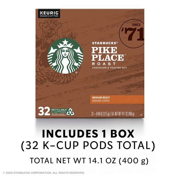 Starbucks Medium Roast K-Cup Coffee Pods — Pike Place Roast for Keurig Brewers — 1 box (32 pods)