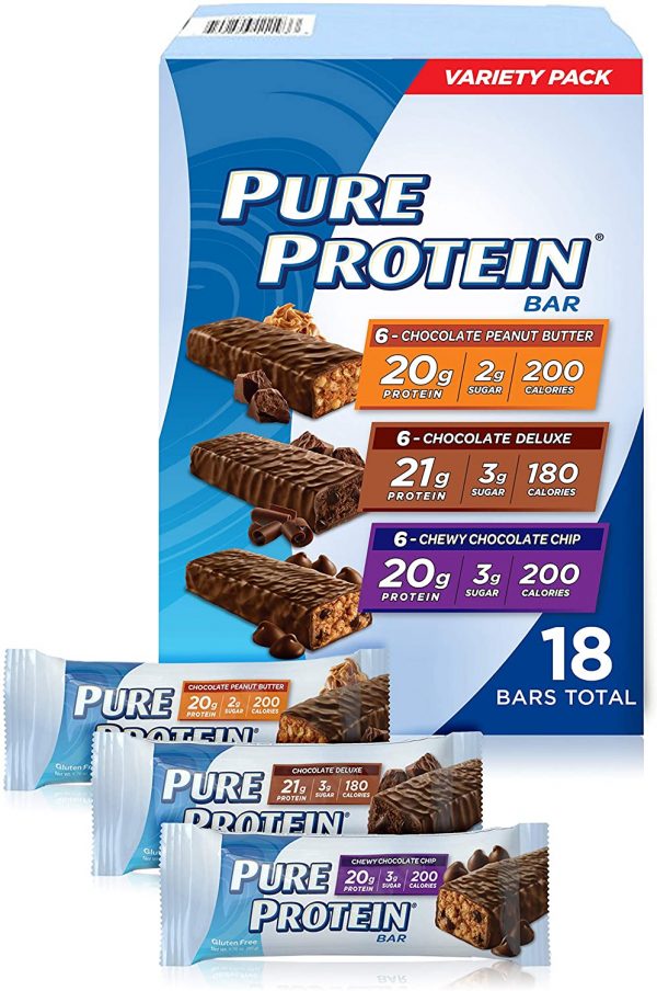 Pure Protein Bars, High Protein, Nutritious Snacks to Support Energy, Low Sugar, Gluten Free, Variety Pack, 1.76oz, 18 Pack