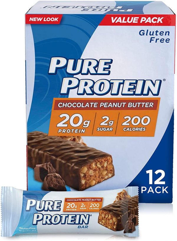 Pure Protein Bars, High Protein, Nutritious Snacks to Support Energy, Low Sugar, Gluten Free, Chocolate Peanut Butter, 1.76 Ounce, 12 Pack