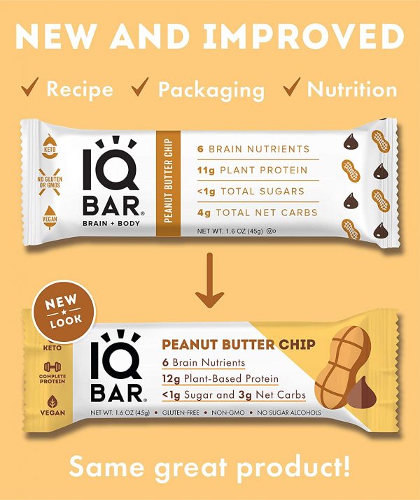 IQBAR Brain and Body Keto Protein Bars - Peanut Butter Chip Keto Bars - 24-Count Energy Bars - Low Carb Protein Bars - High Fiber Vegan Bars and Low Sugar...