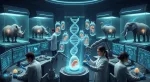 a futuristic lab with scientists cloning animals using dna and embryos in jars and eggs in a sterile environment. Systems biology