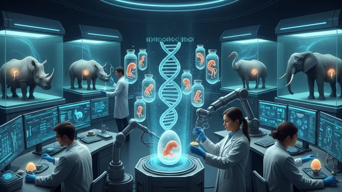 a futuristic lab with scientists cloning animals using dna and embryos in jars and eggs in a sterile environment. Systems biology