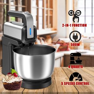 Stand Hand Mixer 2 in 1,500W High Power in 5-Speed Selection,with 4 Quarts Stainless Steel Bowl,2 Beaters&2 Dough Hooks for Baking Cake,Cookies,Eggs