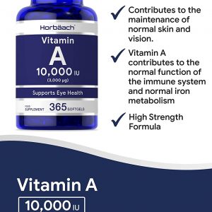 Vitamin A 10,000IU | 365 Softgel Capsules | High Strength | for Normal Skin & Vision | Non-GMO, Gluten Free Supplement