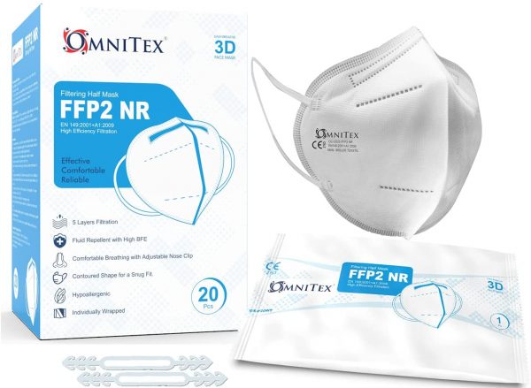 Omnitex FFP2 Face Mask - Box of 20, Individually Wrapped | High Filtration - 5 Layers | EN149 CE Certified | Hypoallergenic | Fluid Resistant | Ear Loops...