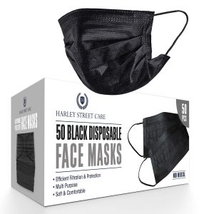 Harley Street Care Disposable Black Face Masks Protective 3 Ply Breathable Triple Layer Mouth Cover with Elastic Earloops (Pack of 50)