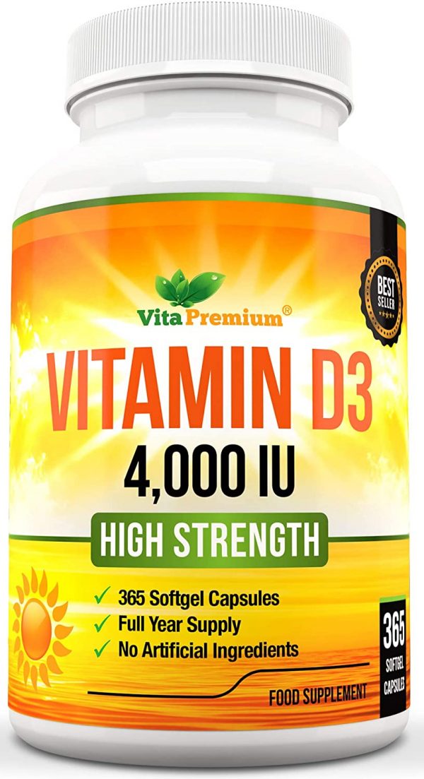 Vitamin D 4,000 IU, Maximum Strength Vitamin D3 Supplement, 365 Easy to Swallow Softgels - Full Year Supply