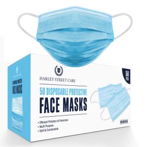 Harley Street Care Disposable Blue Face Masks Protective 3 Ply Breathable Triple Layer Mouth Cover with Elastic Earloops (Pack of 50)
